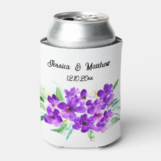紫の薄紫フローラ水彩結婚式 缶クーラー (缶正面)