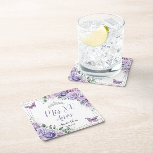 紫の薄紫フローラ蝶キンセアニェラの好意 スクエアペーパーコースター (インサイチュ)