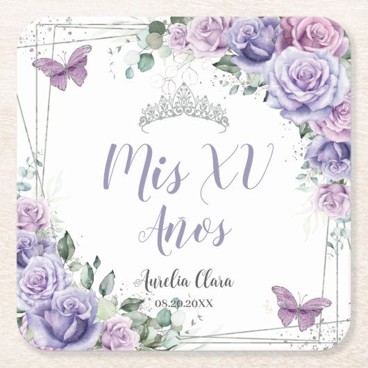 紫の薄紫フローラ蝶キンセアニェラの好意 スクエアペーパーコースター (正面)