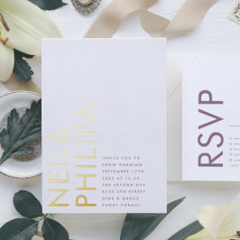 紫の薄紫モダン名シンプル 箔招待状