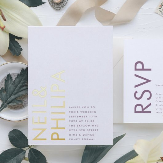 紫の薄紫モダン名シンプル 箔招待状