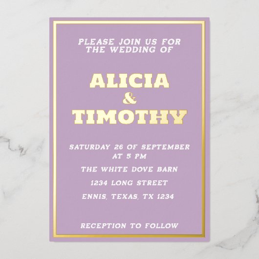 紫の薄紫モダン金ゴールドタイポグラフィバイオレットエレガント 箔招待状 (正面)