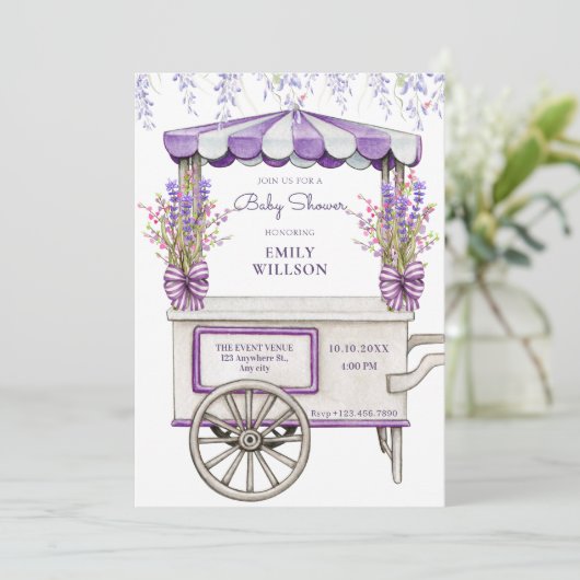 紫の薄紫ラベンダーの花の赤ちゃんシャワー 招待状 (スタンド正面)