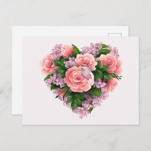 紫の薄紫花とピンクのバラのフローラハート ポストカード (正面/裏面)