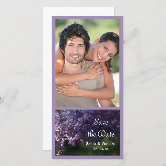 紫の薄紫花結婚式の日付を保存 セーブザデート (正面/裏面)