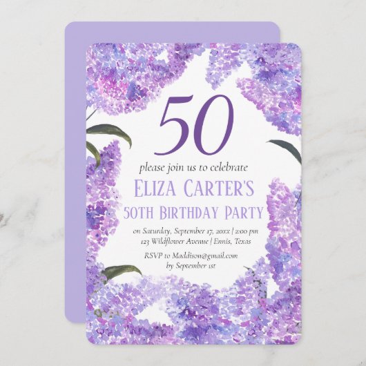 紫の薄紫花50誕生日野花 招待状 (正面/裏面)