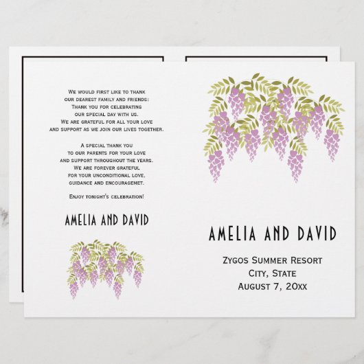 紫の藤のフローラ折り結婚式プログラム (正面/裏面)