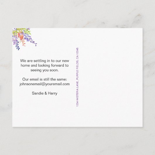 紫の藤の水の色のフローラ新しいアドレス 案内ポストカード (裏面)