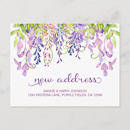 紫の藤の水の色のフローラ新しいアドレス 案内ポストカード (正面)
