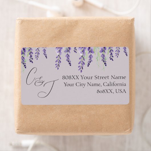紫の藤の花ラベンダーエレガントの住所 ラベル (インサイチュ)
