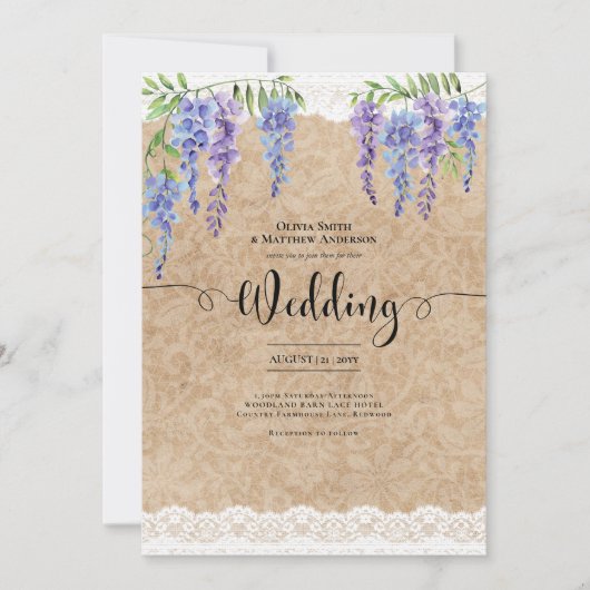 紫の藤の花結婚のレース素朴の外観 招待状 (正面)