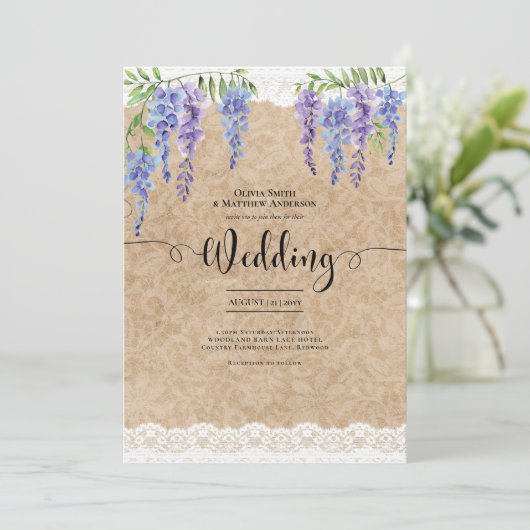 紫の藤の花結婚のレース素朴の外観 招待状 (スタンド正面)