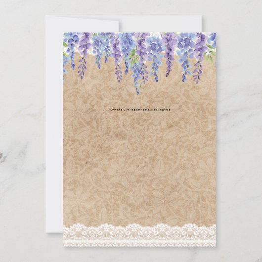 紫の藤の花結婚のレース素朴の外観 招待状 (裏面)