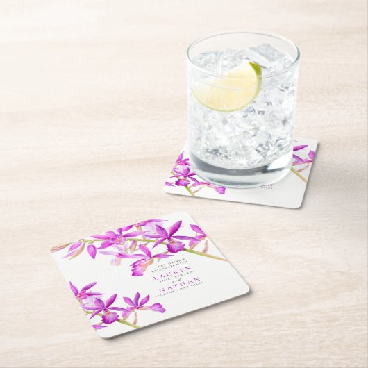 紫の蘭の花の水彩植物結婚の スクエアペーパーコースター (インサイチュ)