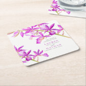 紫の蘭の花の水彩植物結婚の スクエアペーパーコースター (アングル)