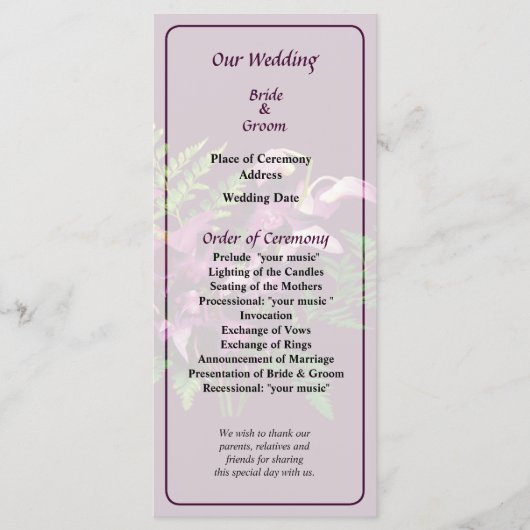 紫の蘭の花束とシダ結婚式 プログラム (正面)