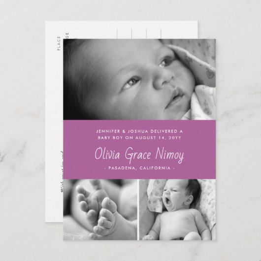 紫の蘭の誕生発表ベビー写真 案内ポストカード (正面/裏面)