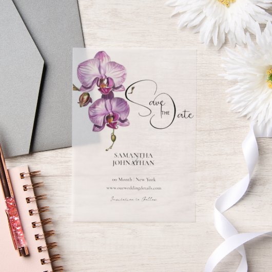 紫の蘭フローラカスケード熱帯花 ベラム紙招待状 (ウェディング)