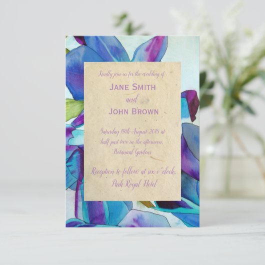 紫の蘭結婚の水彩画の素朴な 招待状 (スタンド正面)
