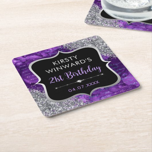 紫の虹色グリッターマーメイドレター誕生日 スクエアペーパーコースター (アングル)