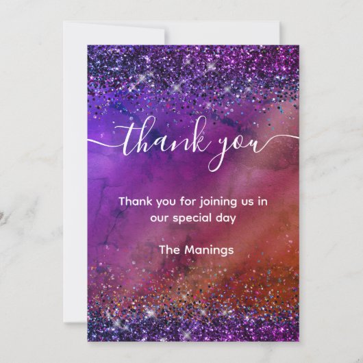 紫の虹色ブラシ付きメタルグリッター感謝していユー カード (正面)