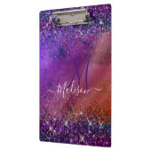 紫の虹色ブラシ付き金属グリッターモノグラム クリップボード (左)