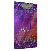 紫の虹色ブラシ付き金属グリッターモノグラム クリップボード (右)