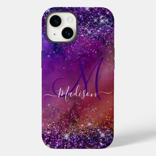 紫の虹色ブラシ付き金属グリッターモノグラムn Case-Mate iPhoneケース (裏面)