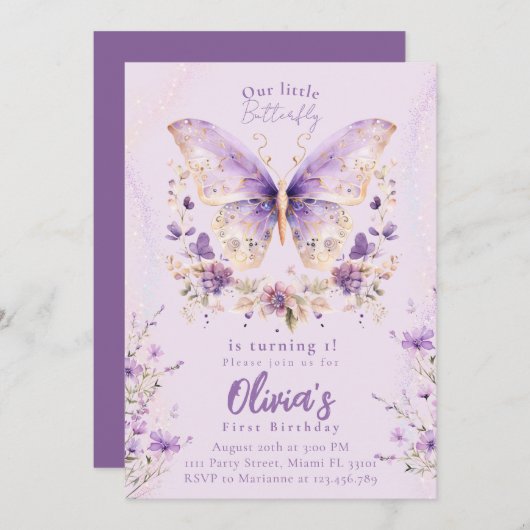 紫の蝶が一歳の誕生日を迎える 招待状 (正面/裏面)