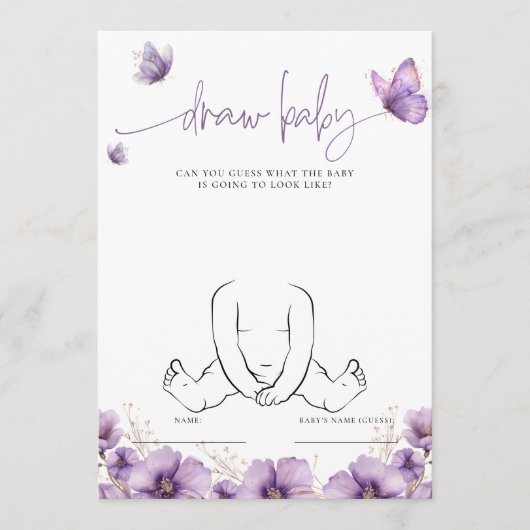 紫の蝶が赤ちゃんシャワーゲームカードを描画 アドバイスカード (正面)