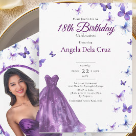 紫の蝶とドレスの18歳の誕生日デビュー 招待状