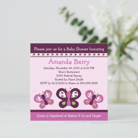 紫の蝶とフローベビーシャワー招待状 招待状 (スタンド正面)