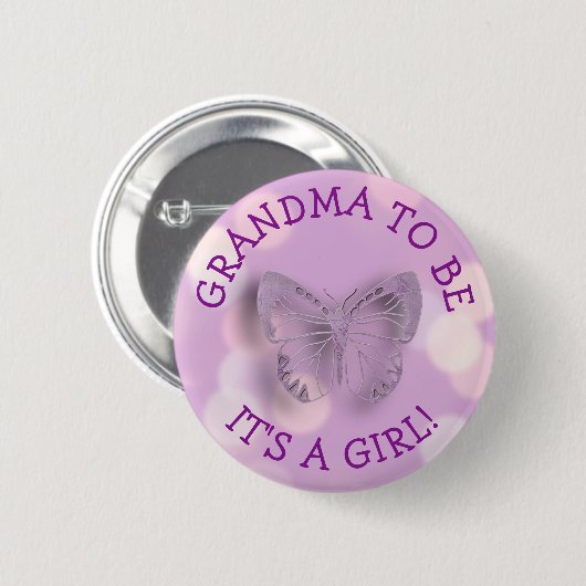 紫の蝶のおばあちゃん赤ちゃんシャワー 缶バッジ (正面&裏面)