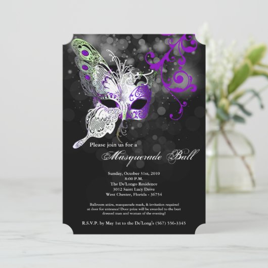 紫の蝶の仮面着ハロウィーン 招待状 (スタンド正面)