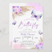 紫の蝶の小さな蝶の赤ちゃんシャワー 招待状 (正面/裏面)