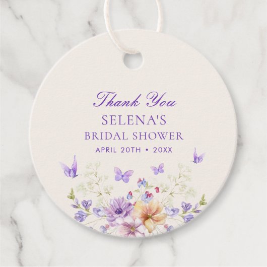紫の蝶の感謝を贈る ブライダルシャワーのお礼タグ フェイバータグ (正面)