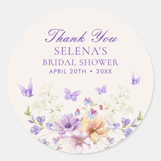 紫の蝶の感謝を贈る ブライダルシャワー ラウンドシール (正面)
