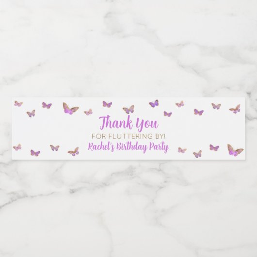 紫の蝶の誕生日パーティーのお願い ペットボトルラベル (シングルラベル)