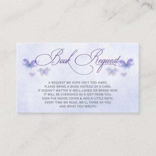 紫の蝶の赤ちゃんシャワー本のリクエスト エンクロージャーカード (正面)