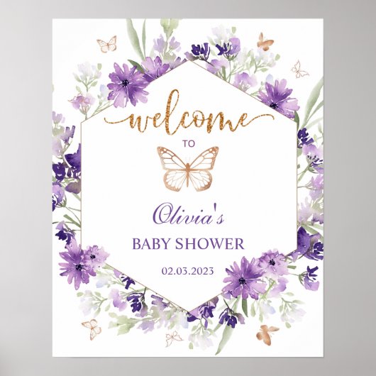 紫の蝶の赤ちゃんシャワー歓迎のサイン ポスター (正面)