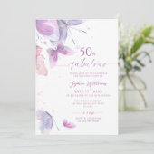 紫の蝶の50歳の誕生日おめでとう招待状 招待状 (スタンド正面)