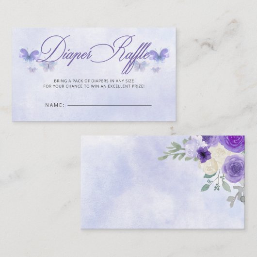 紫の蝶ベビーシャワーおむつラッフル エンクロージャーカード (正面/裏面)
