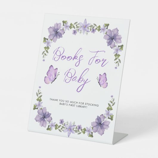 紫の蝶ワイルドフラワーベビーシャワー 台座サイン (正面)