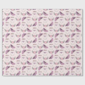 紫の蝶、ピンクの羽のあるハート、フローラ ラッピングペーパー (フラット)