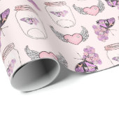 紫の蝶、ピンクの羽のあるハート、フローラ ラッピングペーパー (ロールコーナー)