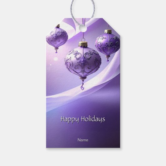 紫の装飾クリスマスボール ホリデーギフトタグ ギフトタグ (正面)