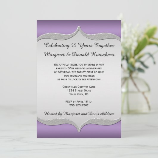 紫の装飾的なシルバーフレーム 25周年記念 招待状 (スタンド正面)