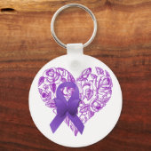 紫の認識度リボンとバラ キーホルダー (正面)