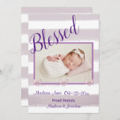 紫の賛美フォトスクリプトのパーソナライズ誕生 案内状 (正面/裏面)