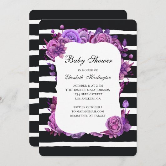 紫の赤ちゃんシャワーの招待。白黒 招待状 (正面/裏面)